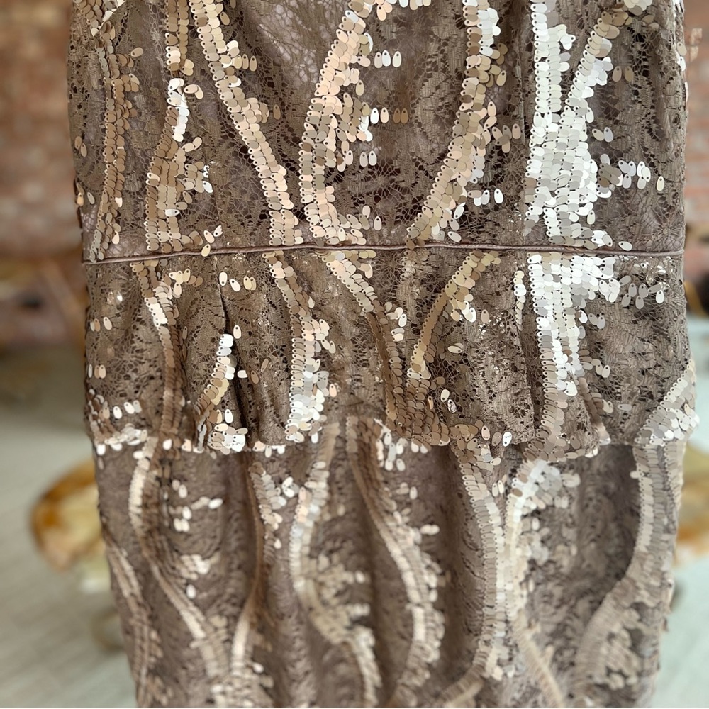 Adrianna Papell Taupe Champagne Lace Sequin Peplum Dress 14 Cocktail Glam - Picture 7 of 14